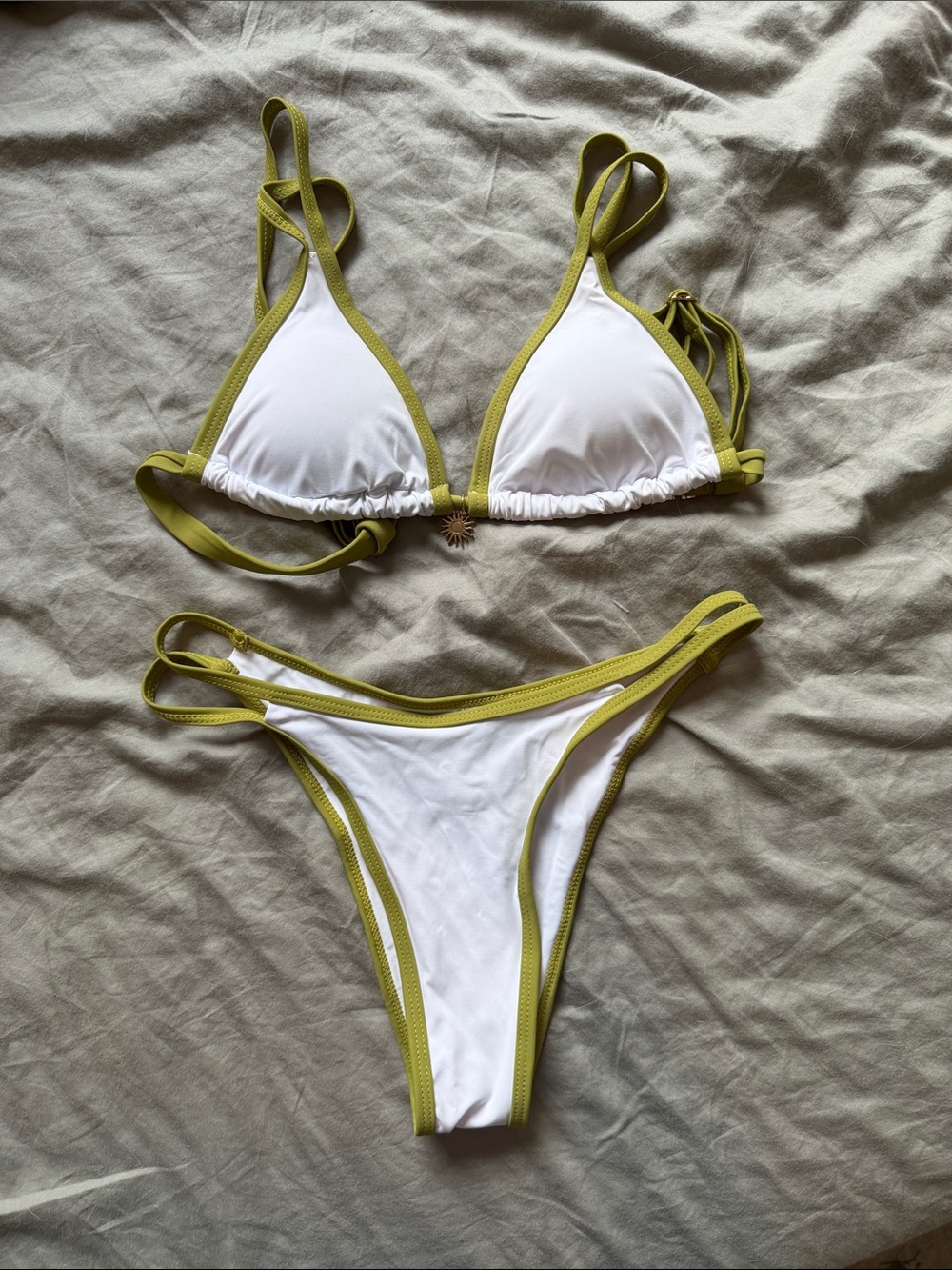 Women's White Triangle Bikini with Olive Trim - Classic Two-Piece Swimwear